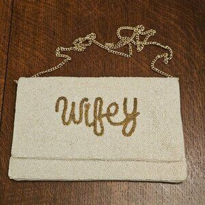 Beaded "Wifey" Bag. Snap Closure White with Gold wording. Snap Closure